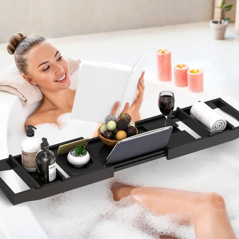 Bathtub Caddy Tray - Expandable Bamboo Tub Tray with Book Holder & Soap Dish | Luxurious Black Design