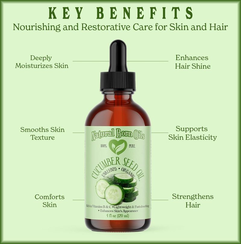 Natural Born Oils Cucumber Seed Oil, 16oz, Organic, Cold-Pressed, Nutrient-Rich, Deep Skin Care, Hair Revitalization