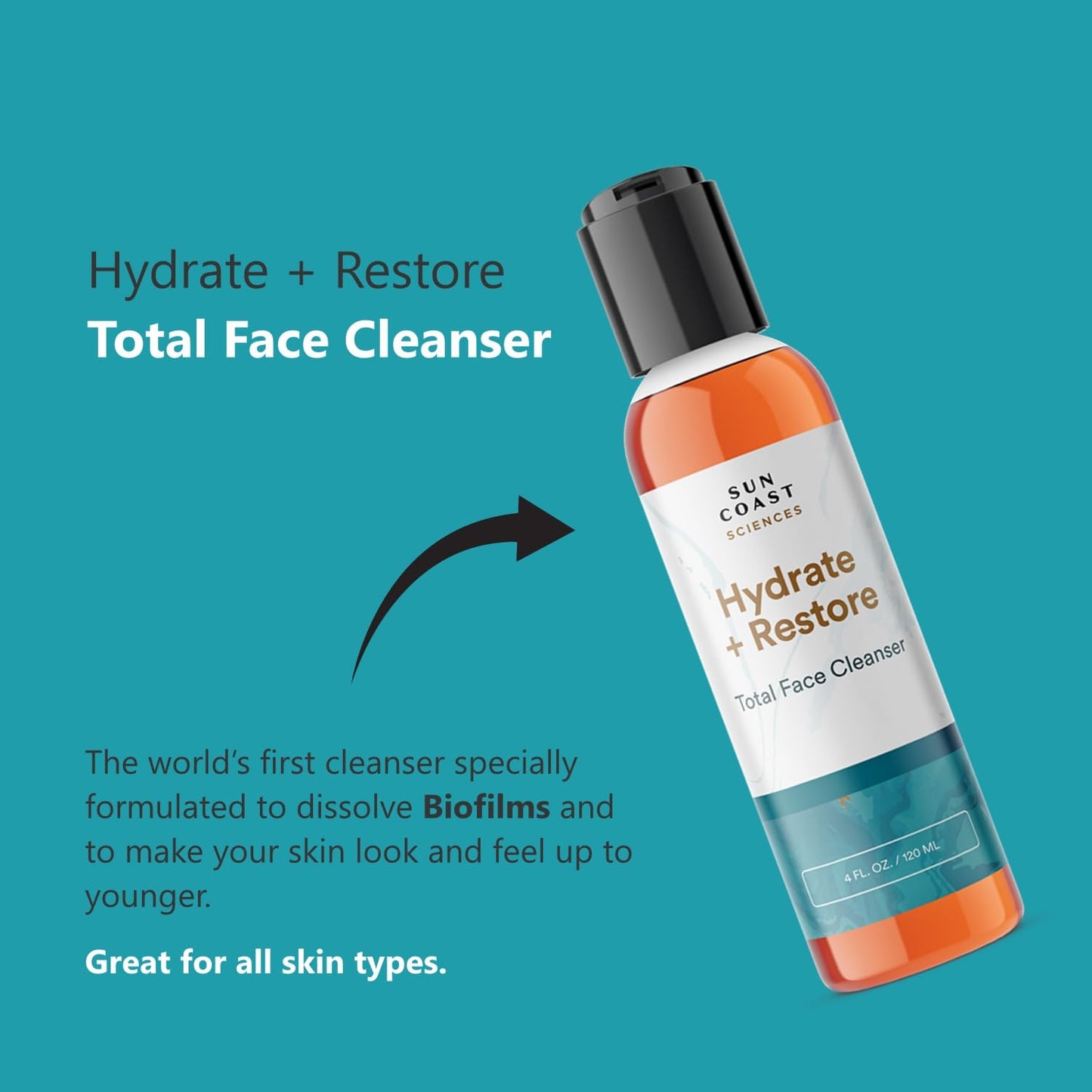 SUN COAST SCIENCES - Hydrate + Restore Total Face Cleanser, Vitamina B, Hydrating Facial Cleanser With Niacinamide for All Skin Types - 4 Fl Oz (Pack of 1)