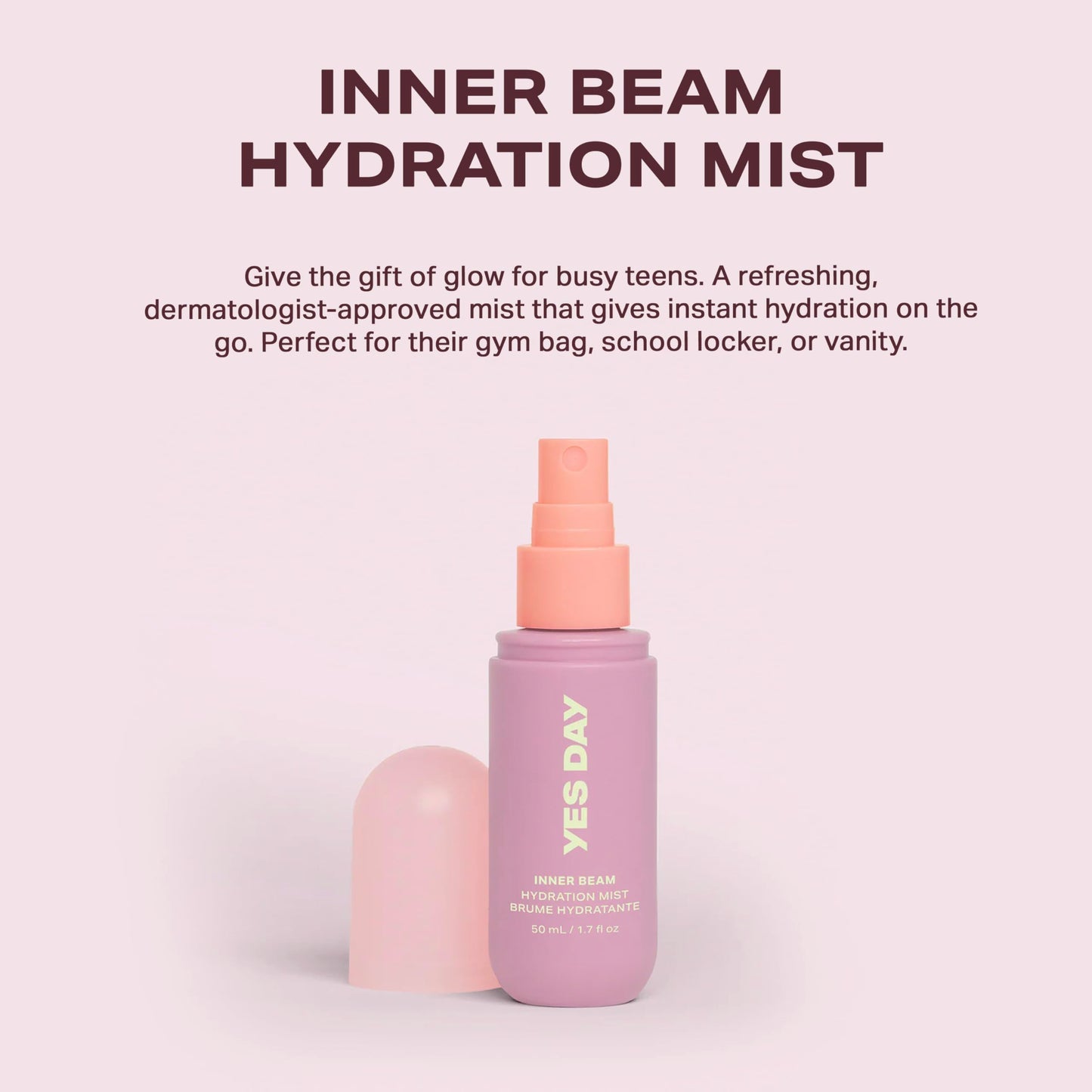 Yes Day Inner Beam Hydrating Face Mist for Teens – Travel Size Facial Spray for Teens & Ages 10 Up, with Kiwano Melon, Glucosamine & Polyglutamic Acid (50ml)