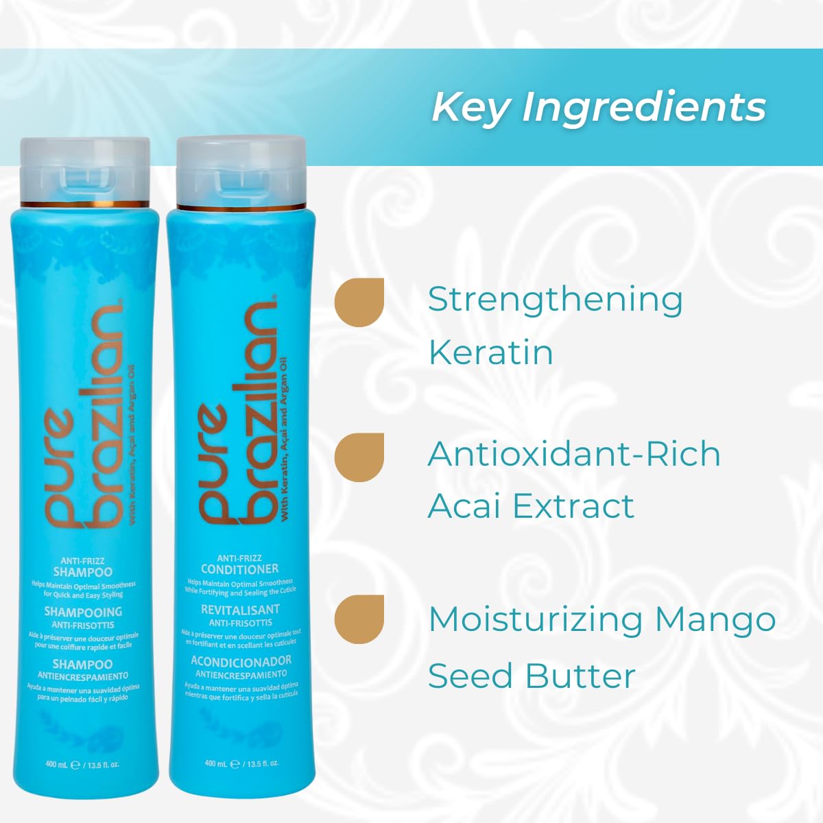 Pure Brazilian Anti-Frizz Shampoo & Conditioner Set - Salt-Free, Color Safe, Keratin & Argan Oil | 13.5 Ounce