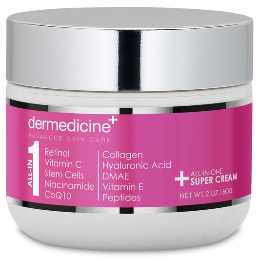 All In One Super Anti-Aging Cream for Face with Retinol, Vitamin C, Stem Cells, Vitamin E, CoQ10, Collagen, Hyaluronic Acid, DMAE, Peptides, Niacinamide for More Youthful Looking Skin 2oz