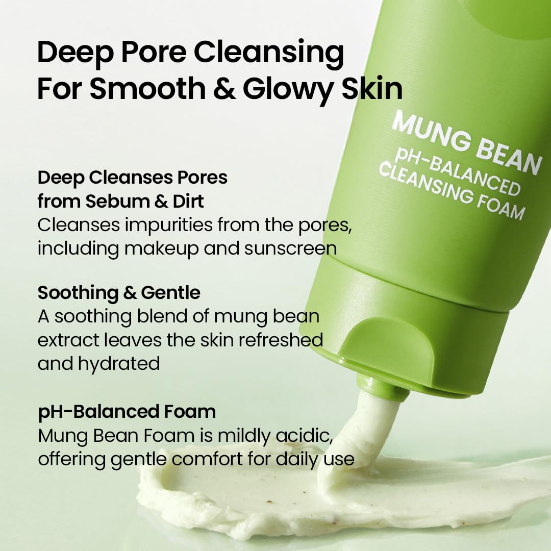 beplain Mung Bean pH-Balanced Cleansing Foam | Daily Hydrating Vegan Cleanser for Sensitive Skin | Non-Stripping Deep Pore Cleanser | Korean Skincare | 5.4 fl.oz