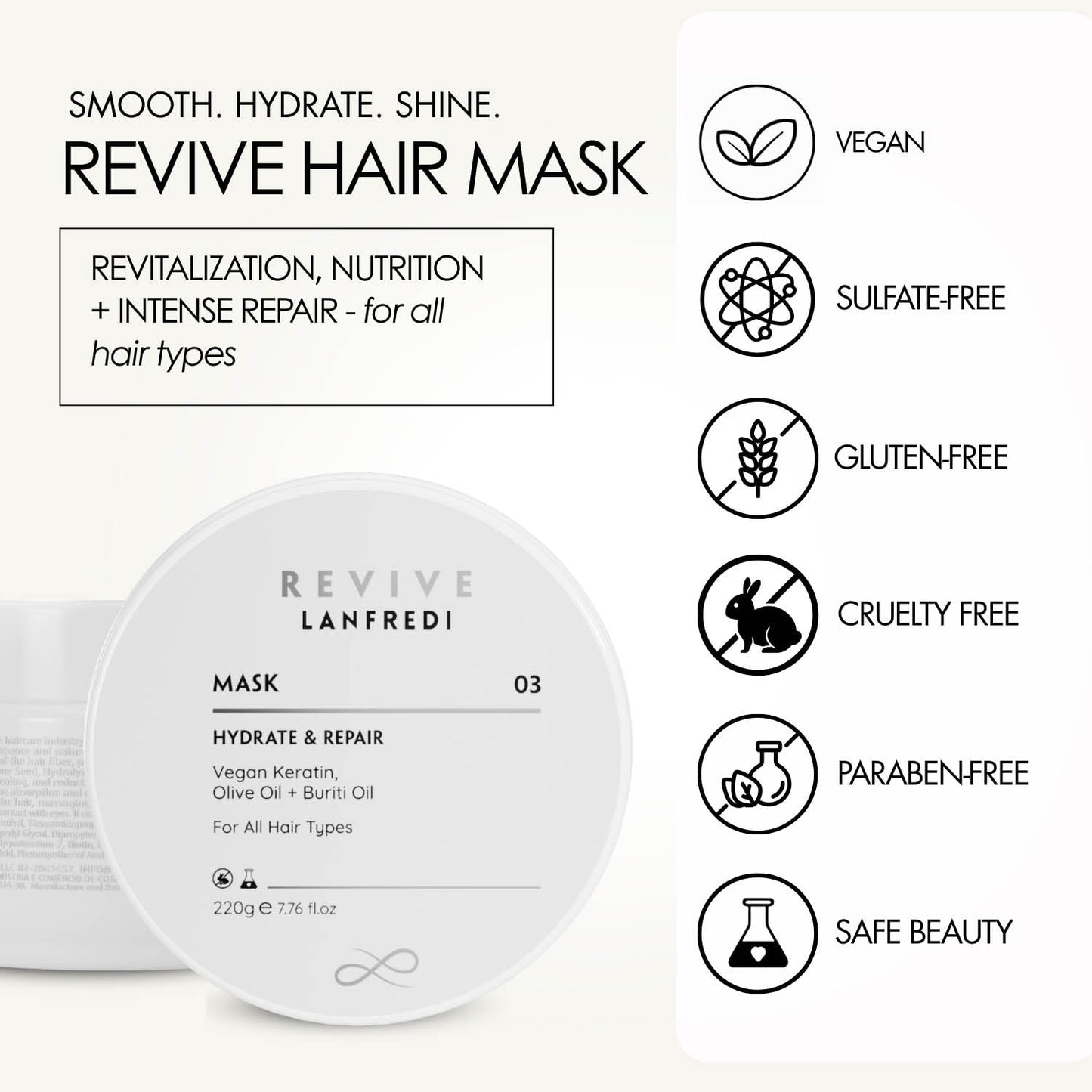 Lanfredi Revive Hair Mask for Deep Conditioning, Hydration & Repair | Controls Frizz & Dryness | Boosts Glossy Shine | For Damaged Hair & All Hair Types