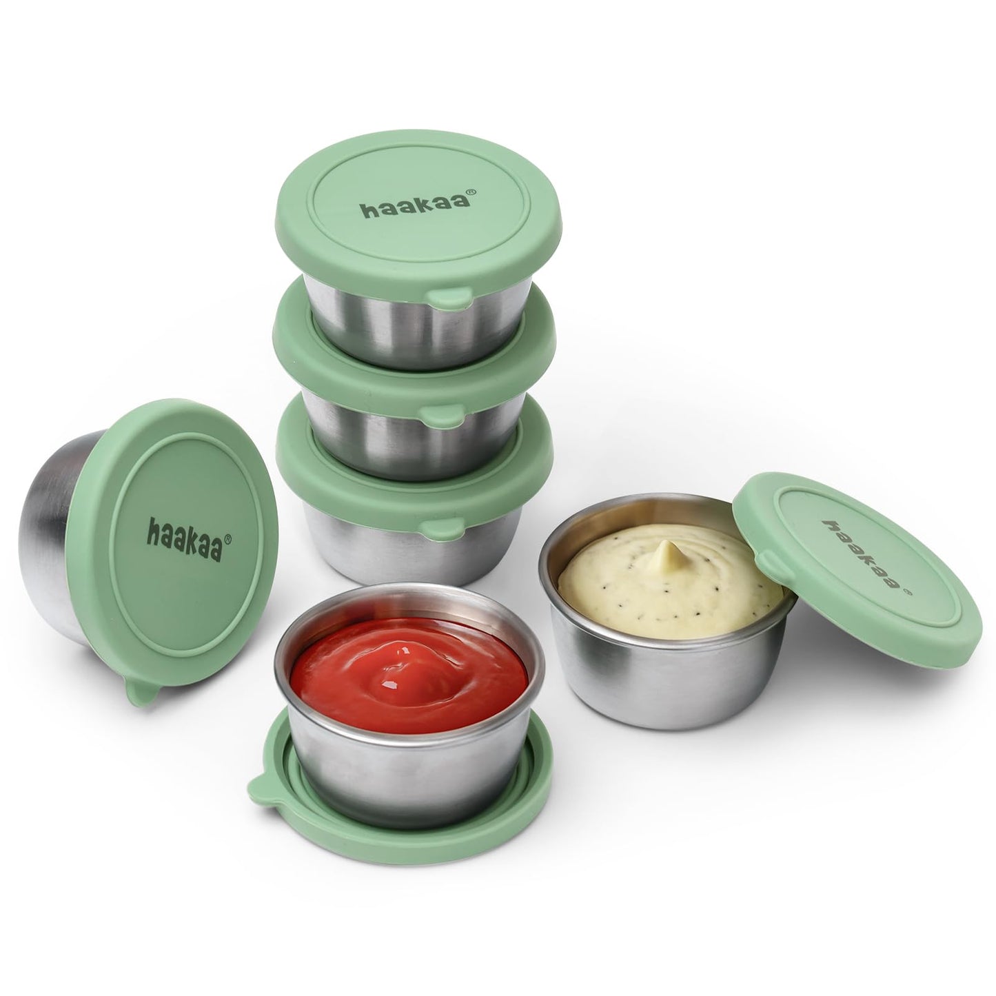 haakaa 6 Pack Small Salad Dressing Container To Go, 1.18 oz Leakproof Condiment Containers with Silicone Lids, Reusable Stainless Steel Sauce Cups for Lunch Box, Meal Prep & Travel