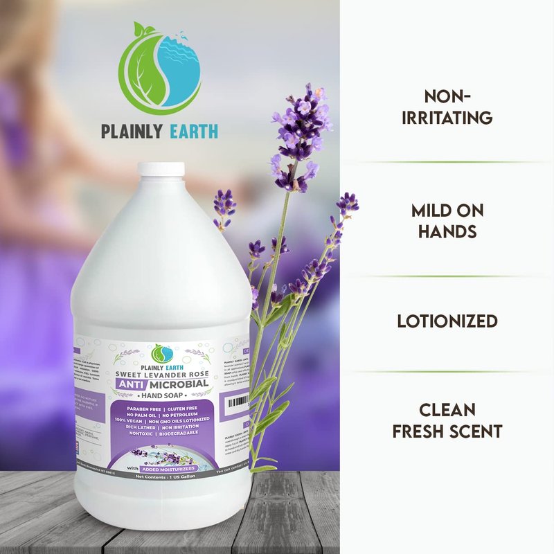 Plainly Earth Antimicrobial Liquid Hand Soap (1 US Gallon) - Antibacterial Soap Refill - Hand Soap Refill Bottle - Cruelty Free Moisturizing Soap, Sweet Lavender Rose