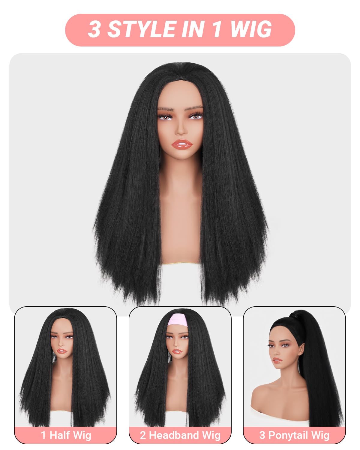 Kinky Straight Half Wig 3 In 1 Synthetic Half Wigs With Adjustable Drawstring Soft As Human Hair Glueless Seamless Flip Headband Wig For Black Women (Black, 22 Inch)