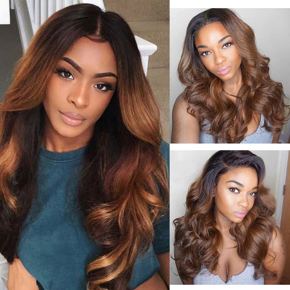 Ombre Body Wave Human Hair Bundles - Two Tone Black & Highlight Brown | 3 Bundles 8-10-12 Inch