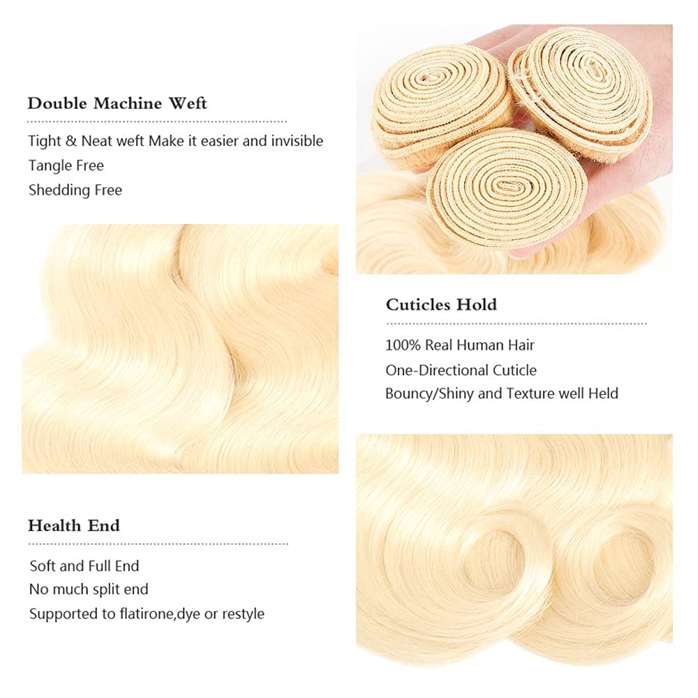 Peenoll Human Hair Bundles 14 16 18 Inch Blonde 613# Body Wave Bundles Human Hair 100% Unprocessed Unprocessed Soft Sewn In Hair for Black Women with Double Weft