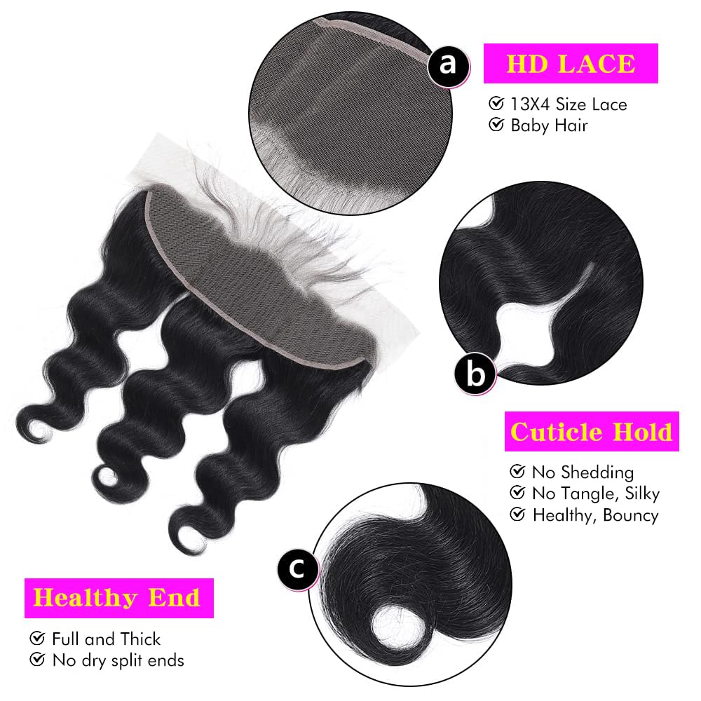 13x4 Lace Frontal Closure Body Wave Frontal Ear to Ear HD Lace Frontal Human Hair 100% Brazilian Virgin Human Hair Closure 16 Inch Frontals Hair Pieces for Women Free Part 150% Density