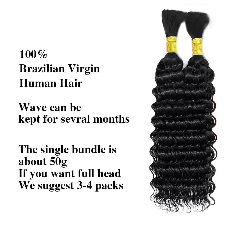 Hailookmey Human Braiding Hair for Boho Braids 150g Deep Wave Human Hair for Braiding 3 Bundles/Pack No Weft Curly Human Hair Extensions for Braids (Natural Black Color,18 Inch)