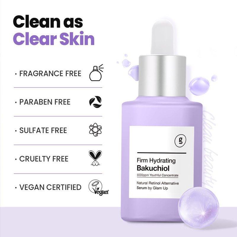 Glam Up Bakuchiol Serum & Hyaluronic Acid - Anti-Aging Retinol Alternative Serum, Blur Fine Lines, Anti-Wrinkles, Pore shrink and Soothing Pimples, Hydrate Facial Skin, Cruelty-Free (1.01 Fl Oz)