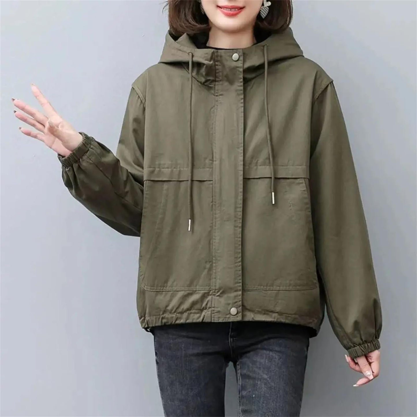 Women Trench Coat Single Long-Sleeved Short Hooded Windbreaker Outwear Coats