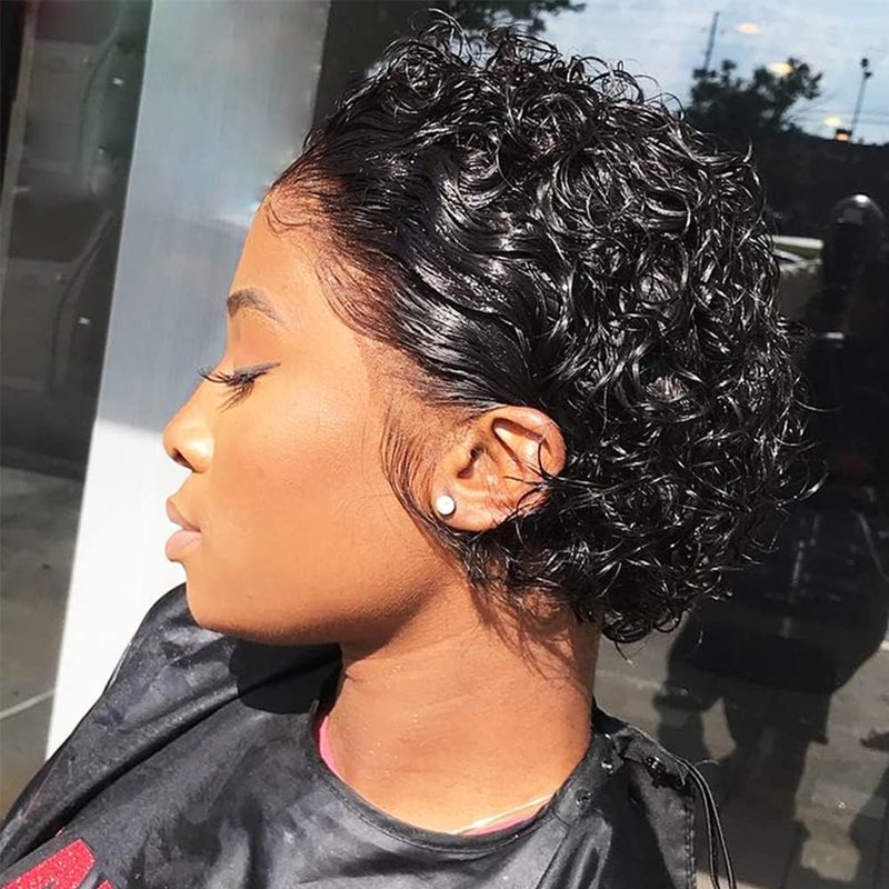 Pixie Cut Curly 13x1 Transparent HD Lace Front Wigs Human Hair Pre Plucked Hairline Short Curly Glueless Lace Front Wigs for Black Women Brazilian Virgin Hair 150% Density Natural Color 6 Inch