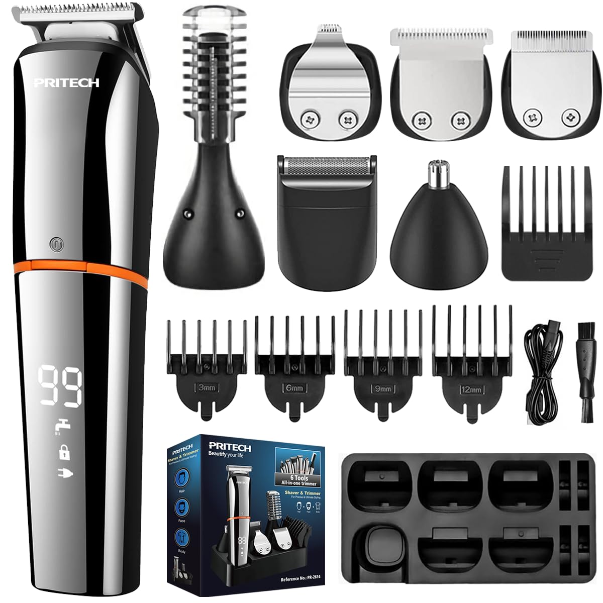 PRITECH Beard Trimmer for Men – 6-in-1 Cordless Grooming Kit, IPX6 Waterproof Wet & Dry with Foil Shaver & Nose Trimmer, USB-C Rechargeable 90min Runtime, Home Travel Use (Silver)