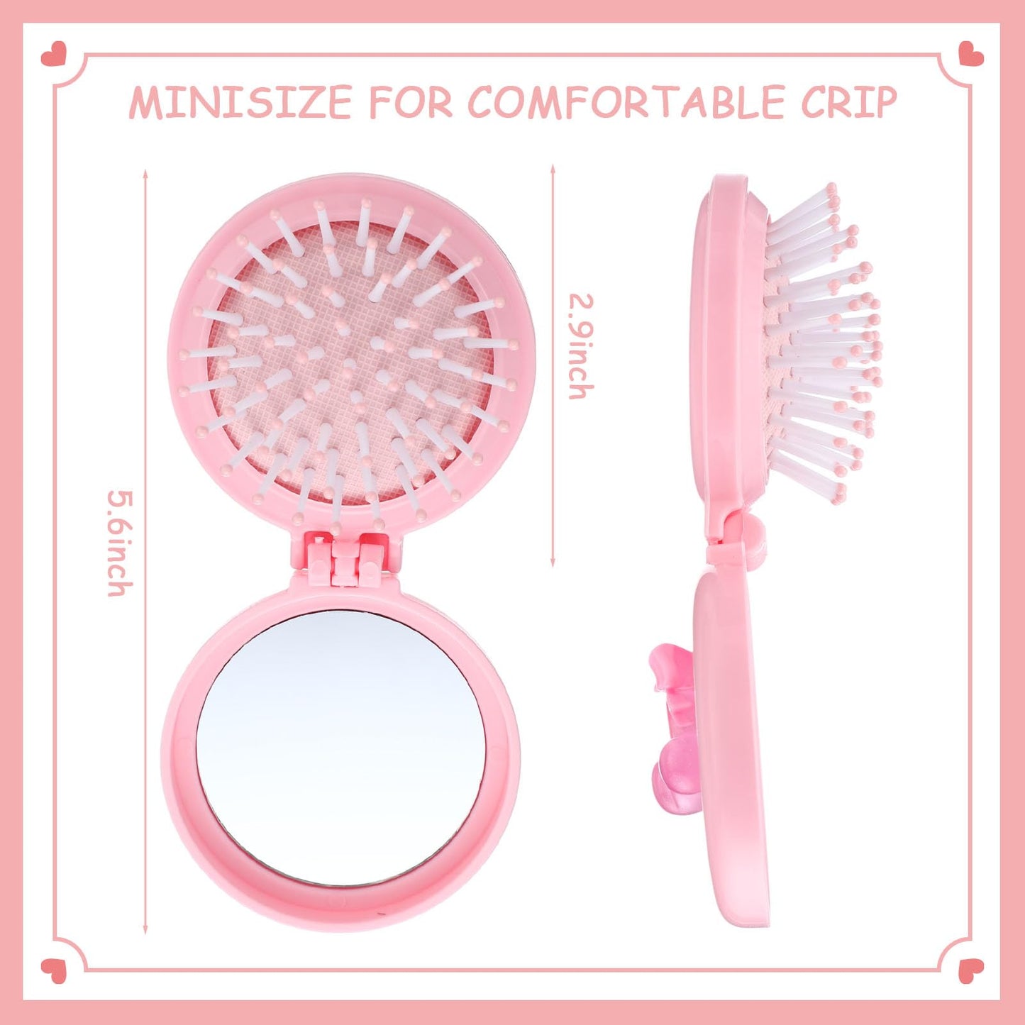 LemonRoad 24 Pack Foldable Travel Mirror Hair Brushes, Mini Mirror Comb, Round Portable Folding Pocket Hairbrush, Compact Small Size Massage Comb, Coquette Bow Party Favor for Women (Pink)