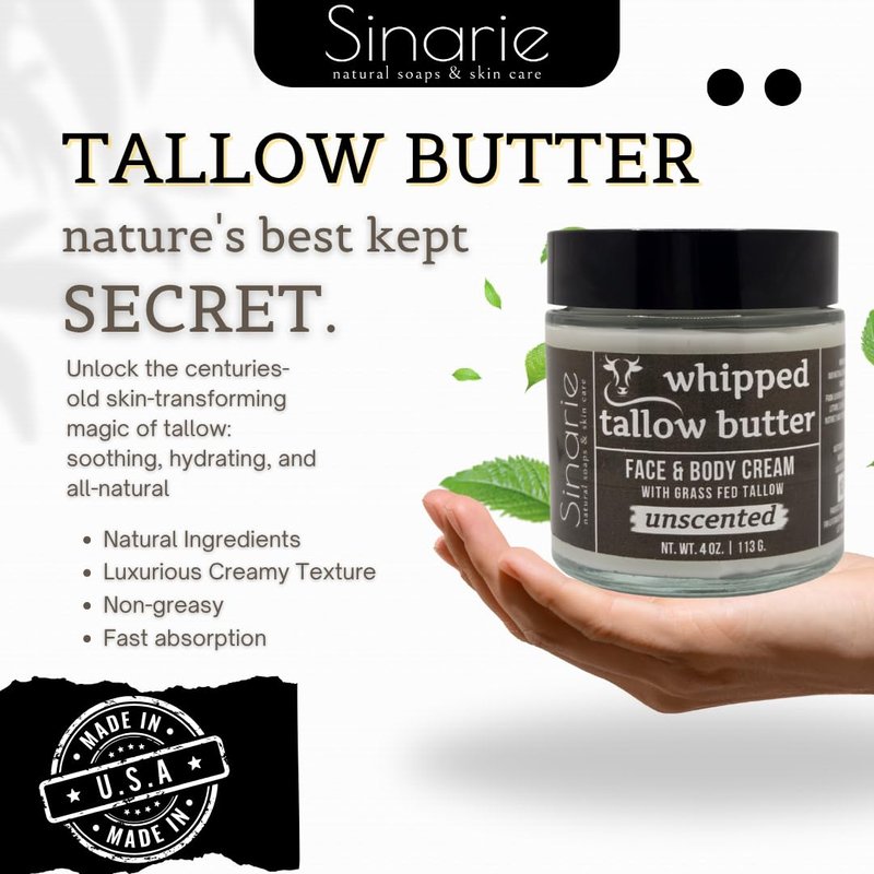 Sinarie Grass-Fed Beef Tallow Body Butter - Emulsified, Non-Greasy Moisturizer, 4 oz Soaps & Skin Care (4 oz., Unscented)
