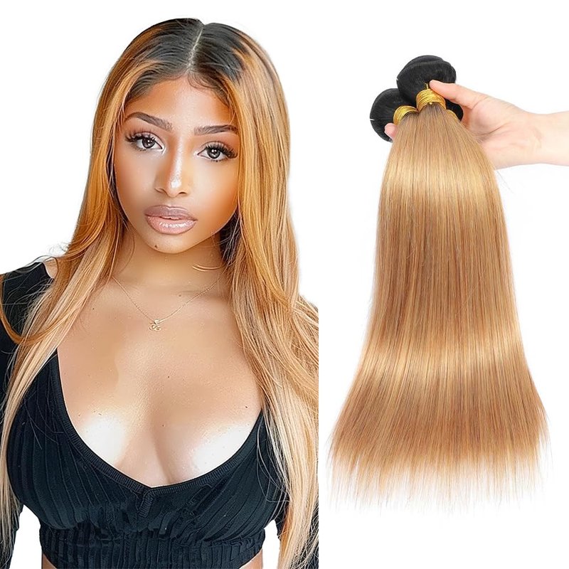 Honey Blonde Human Hair Ombre Bundles - Brazilian Straight Hair Extensions | 10-14 Inch Two Tone Weave