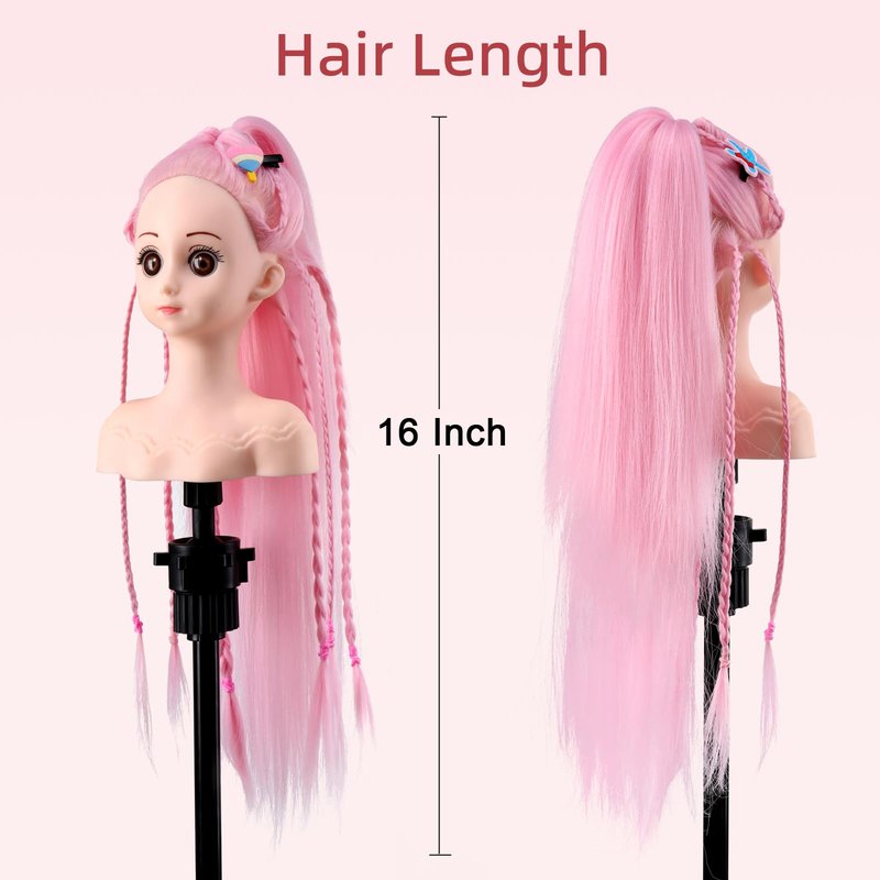 Anstar Mannequin Head with Hair, Doll Head for Hair Styling Training Head Manikin Practice Cosmetology Styling Hairdressing Training Braiding Heads with Clamp Holder (Pink)