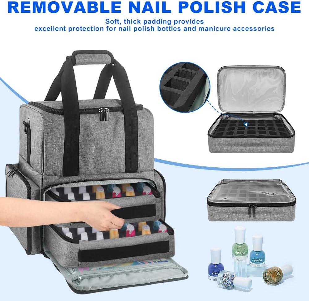 Nail Polish Organizer Case - Holds 70 Bottles with 2 Removable Pouches | Grey Nail Kit Bag for Manicurists