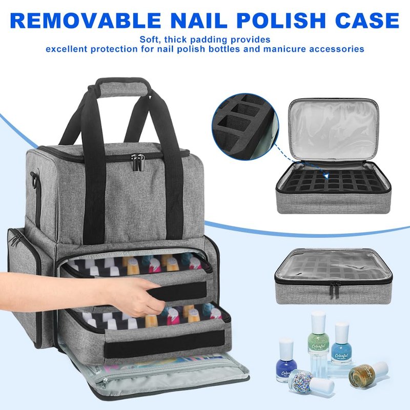 HarvMax Nail Polish Travel Case with UV lamp & Tools Storage - Large Capacity Organizer Holds 80 Bottles (15ml), 2 Removable Pouches,Professional Manicure Kit,Purple