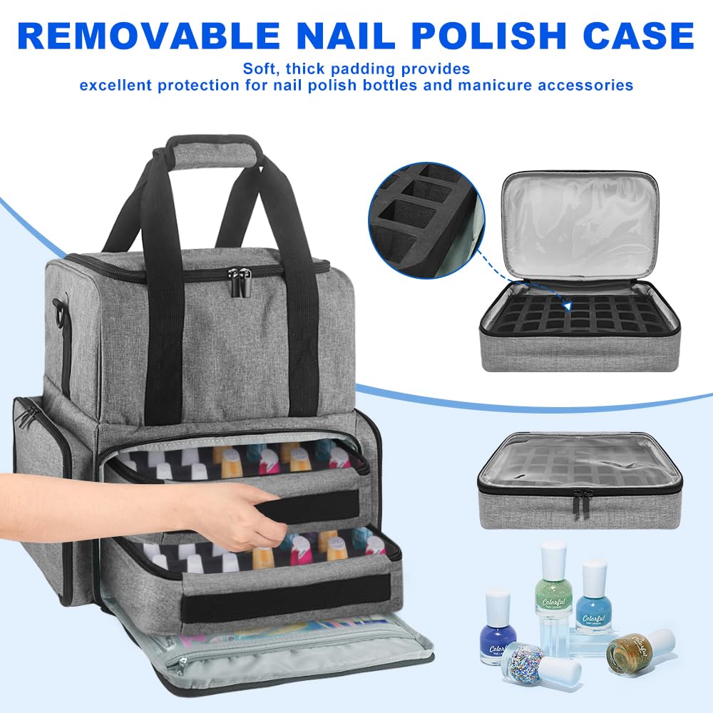 HarvMax Nail Polish Travel Case with UV lamp & Tools Storage - Large Capacity Organizer Holds 80 Bottles (15ml), 2 Removable Pouches,Professional Manicure Kit,Purple