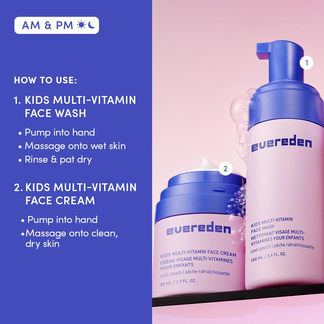Evereden Kids Happy Face Duo (Cool Peach) - Multi-Vitamin Face Wash & Face Cream Set - Clean & Vegan Skin Care for Kids 3+ - Moisturizing, Nourishing, & Protective Skin Care Set