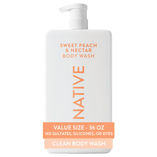 Native Body Wash for Women & Men, Sweet Peach & Nectar, 36 oz Pump Bottle, Sulfate-Free & Gentle