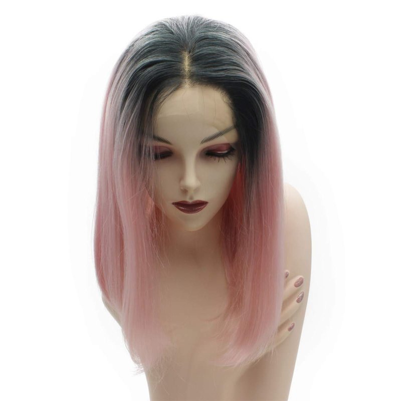 iwonawig Iewig Short Bob Straight Dark Roots Pink Wig Half Hand Tied Synthetic Lace Front Heat Friendly Fiber