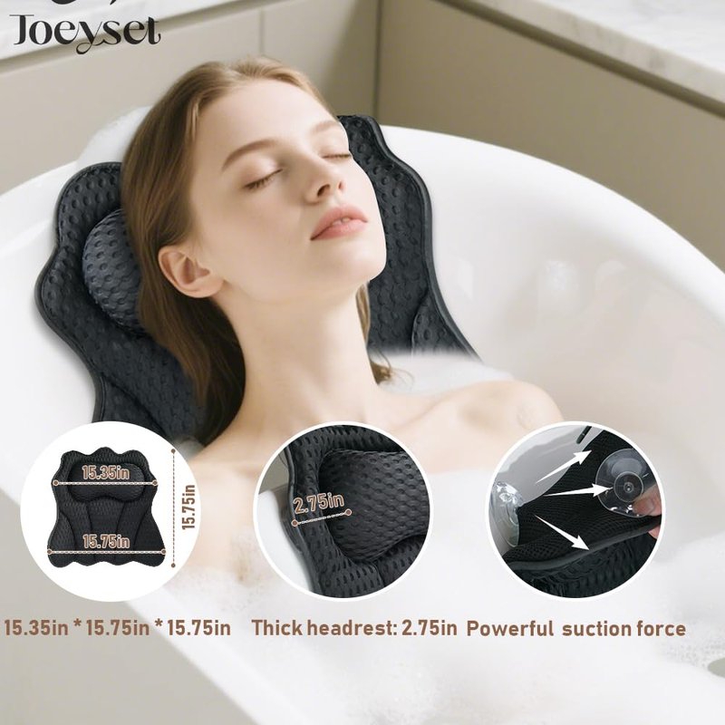 Joeyset Bath Pillows for Tub, Bath Pillow, Bathtub Pillow, and Luxury Bath Accessories for Head, Neck & Back Support, Relaxing Spa Bath Tub Pillow with 6 Strong Suction Cups (Black)