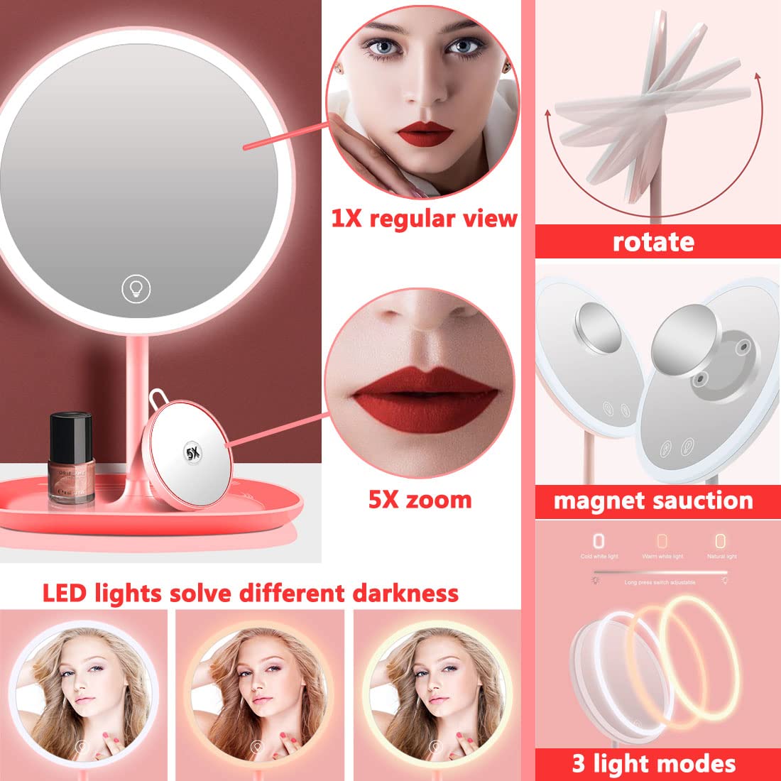 CigyYogy Travel Makeup Desk Mirror with Lights with a 5X Magnified Small Compact Mirror Handheld Pocket Purse Portable - Oblong Base - Pink - Ideal Gift for Women Girls Lady Men - Pack of 2
