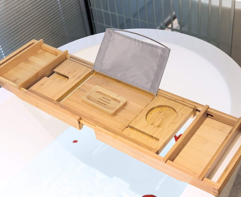 Bamboo Bathtub Caddy Tray Expandable for Luxury Bath, Bath Accessories & Table with Wine Glass Holder, Book Stand Bathroom Organizer with Extending Sides for Men/Women,Natural