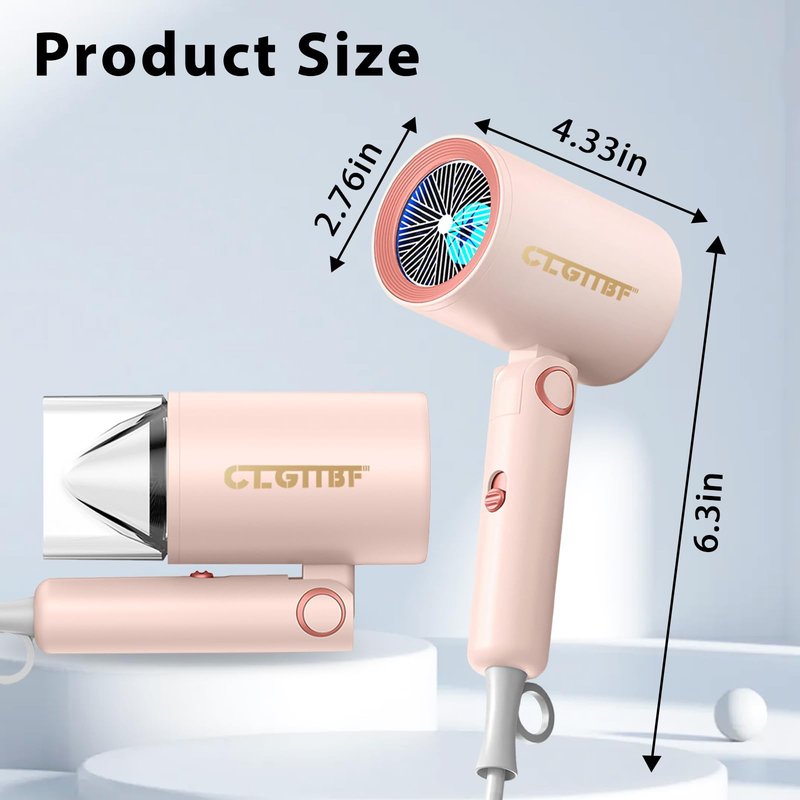 CLGTTBF Portable Hair Blow Dryer with Nozzle, Double Blue Light Hair Dryers for Women, 1000W Mini Travel Blow Dryer，Pink