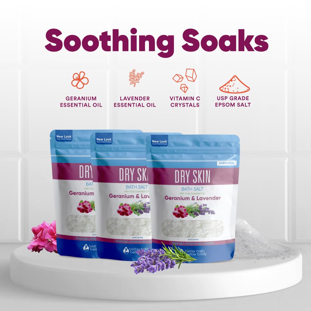 Dry Skin Bath Salt (3 Pack) Skin Soothing Epsom Salt with Pure Essential Oils in BPA Free Pouch with Press Lock Seal Made in USA Three 2 Lbs Pouches 6 Lbs Total