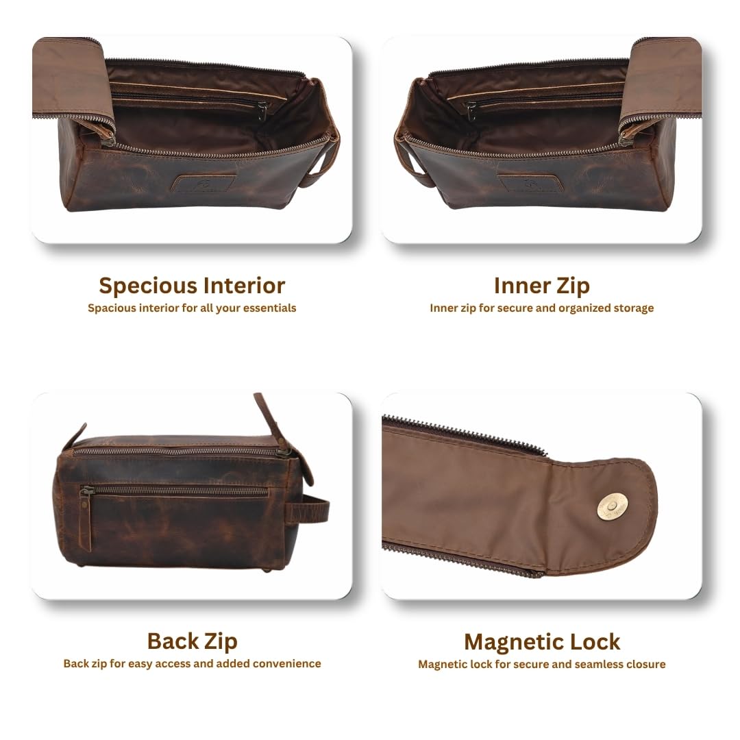Autentico Leather Toiletry Bag for Men Travel Essentials Shaving Dopp Kit Buffalo Leather, Handmade Vintage Distressed Waterproof Grooming Organizer Cosmetic Case Unisex Use, Brown