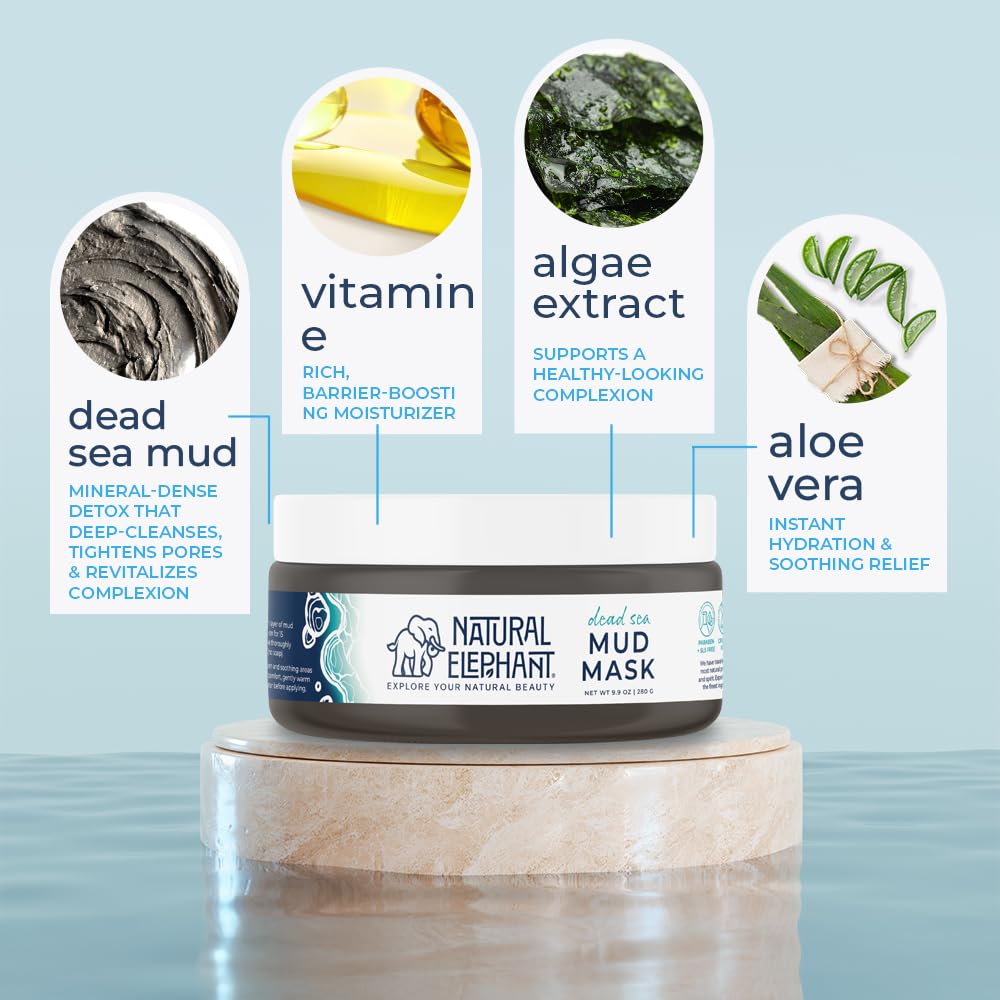 Natural Elephant Dead Sea Mud Mask - Deep Pore Cleansing for Face & Body - Acne, Blackheads, Oily Skin – 100% Natural Skin Care – Tightens Skin- for Woman and Men - 9oz (Pack of 2 (Two 9.9 oz Jars))