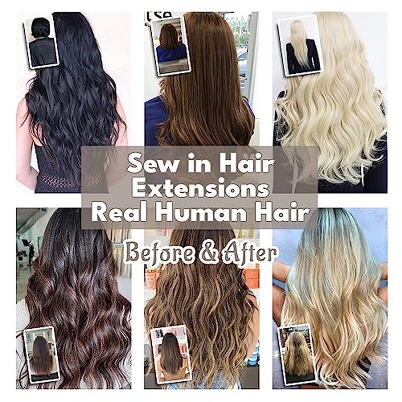 Sew in Hair Extensions Real Human hair, Silky Soft &Shiny Double Drawn Weft Hair Extensions human hair, Thick ends&Tangle Free Human hair extensions sew in,100g Straight Natural Black,16 inch