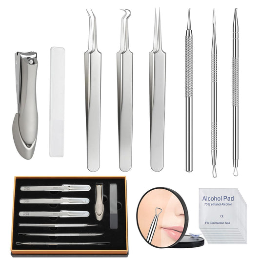 8PCS Professional Salon Grade Blackhead Remover Tool Kit, Comedone Extractor Set for Facial Acne Pimple Blemish Whitehead, Comes with 10X Magnifying Mirror & 20 Alcohol Prep Pads