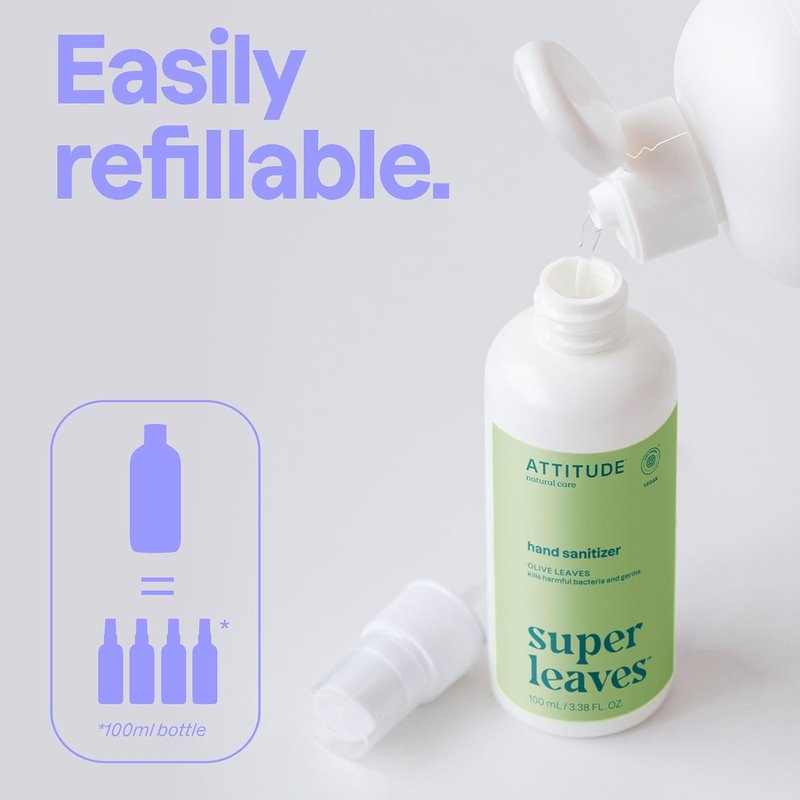 **ATTITUDE Hand Sanitizer Spray - EWG Verified, Kills Germs & Bacteria, Vegan, Olive Leaves Scent | 3.38 Fl Oz**