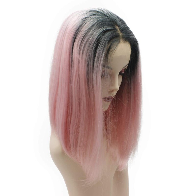 iwonawig Iewig Short Bob Straight Dark Roots Pink Wig Half Hand Tied Synthetic Lace Front Heat Friendly Fiber