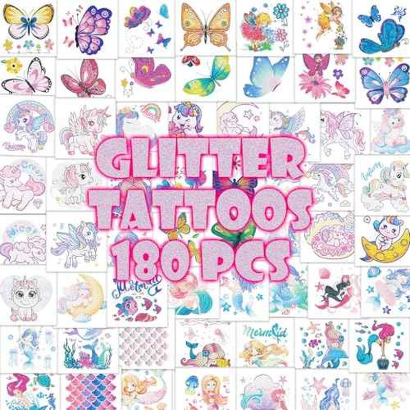 Mermaid Unicorn Glitter-Tattoos for Girls - 180Pcs Butterfly Individually Glitter Tattoos Temporary for Kids Pre-cut Design Waterproof Goodie Bags Stuffers School Birthday Party Favors Supplies Decor