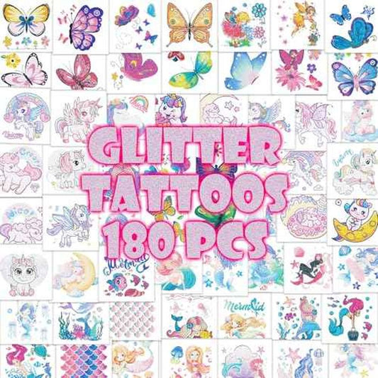 Mermaid Unicorn Glitter-Tattoos for Girls - 180Pcs Butterfly Individually Glitter Tattoos Temporary for Kids Pre-cut Design Waterproof Goodie Bags Stuffers School Birthday Party Favors Supplies Decor
