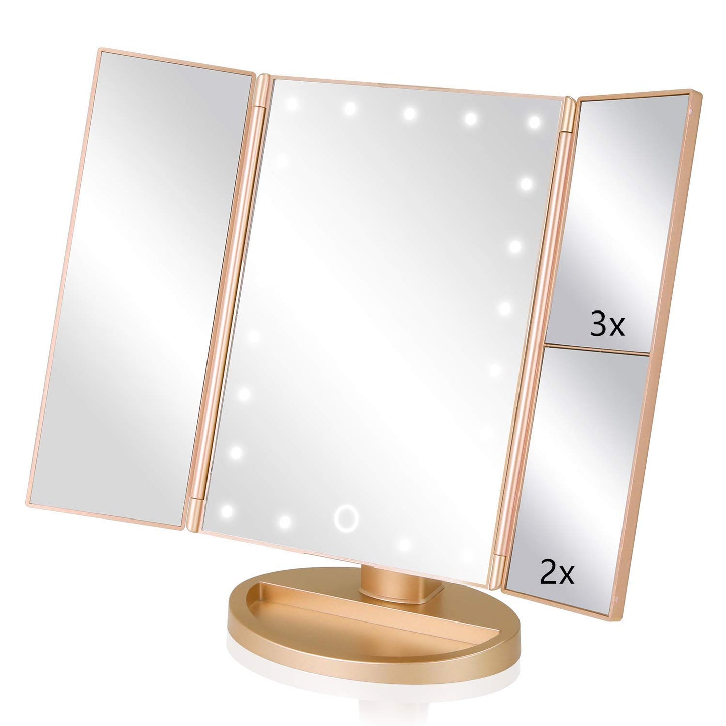 Infitrans Trifold Makeup Mirror Vanity Mirror with Lights,1X 2X 3X Magnification,Touch Control,Adjustable Rotation,Dual Power Supply,Portable Travel Cosmetic Mirror,Birthday Gifts for Women,Teengirls