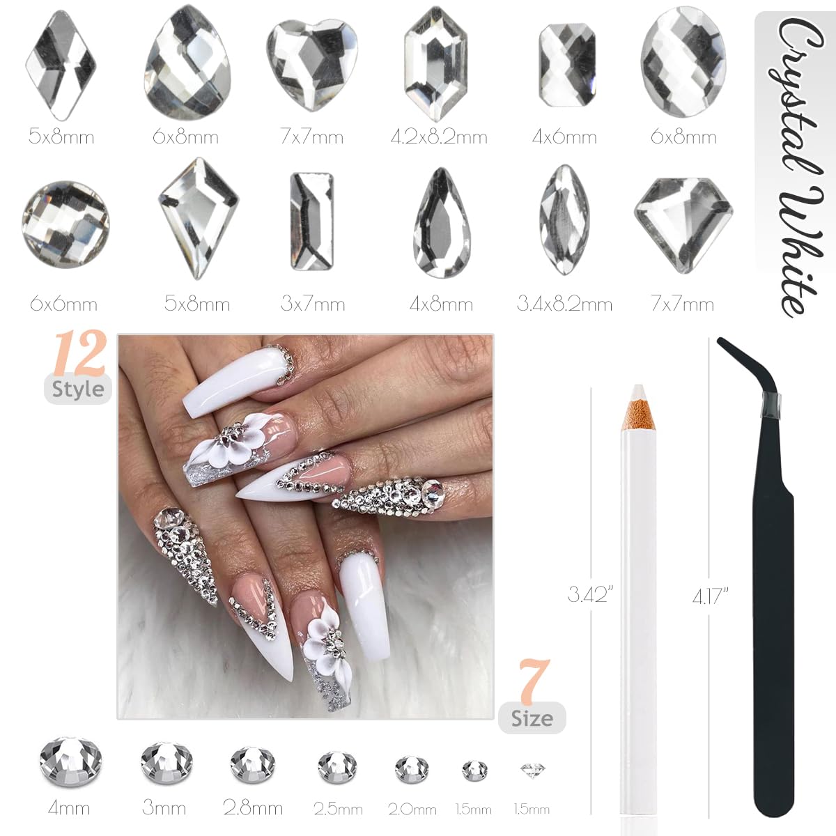 qiipii 4080Pcs Silver Clear Nail Rhinestones Crystal White Stones More Quantity 1.5-4mm Flatback Round Beads K9 Glass Gems Nail Art Diamonds Jewels Charms for Nails Face Eyes Makeup Shoes DIY Crafts