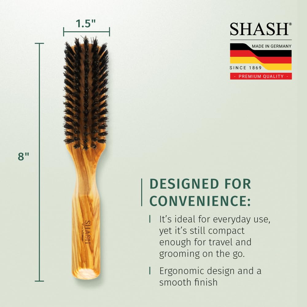 SHASH 100% First Cut Boar Bristle Hair Brush, Suitable For Thin To Normal Hair - Naturally Conditions Hair, Improves Texture, Exfoliates, Stimulates, Made in Germany (Black, Small)