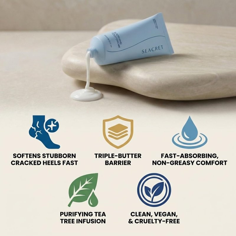 SEACRET Dead Sea Foot Cream - Deep Moisture Heel Repair with Tea Tree Oil, Shea & Cocoa Butter, Rapid Absorption Formula for Dry, Cracked Skin, Hypoallergenic, Paraben-Free & Vegan, 3.4 Fl Oz / 100 ml