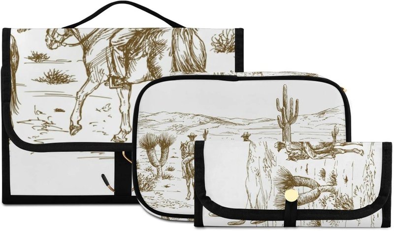 Travel Toiletry Bag Set - Water-Resistant Cosmetic Organizer for Women | 3-Piece Western Desert Cowboys Design