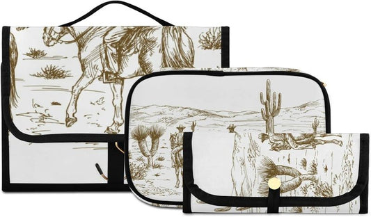 Travel Toiletry Bag Set - Water-Resistant Cosmetic Organizer for Women | 3-Piece Western Desert Cowboys Design
