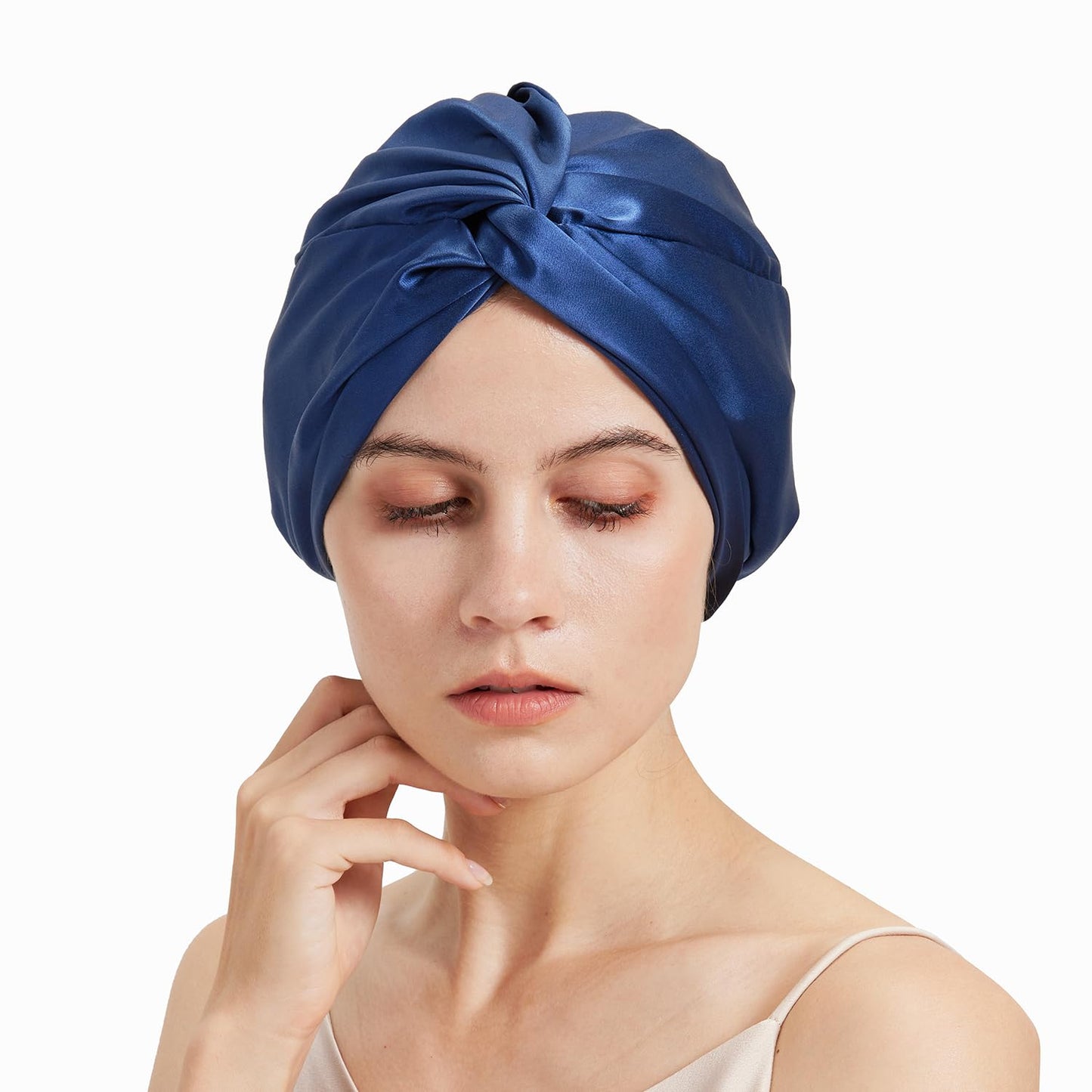 LumeSilk Mulberry Silk Bonnet, Double-Layered Hair Bonnet for Sleeping Women, Pure Silk Turban, Night Sleep Hair Wrap, Navy Blue