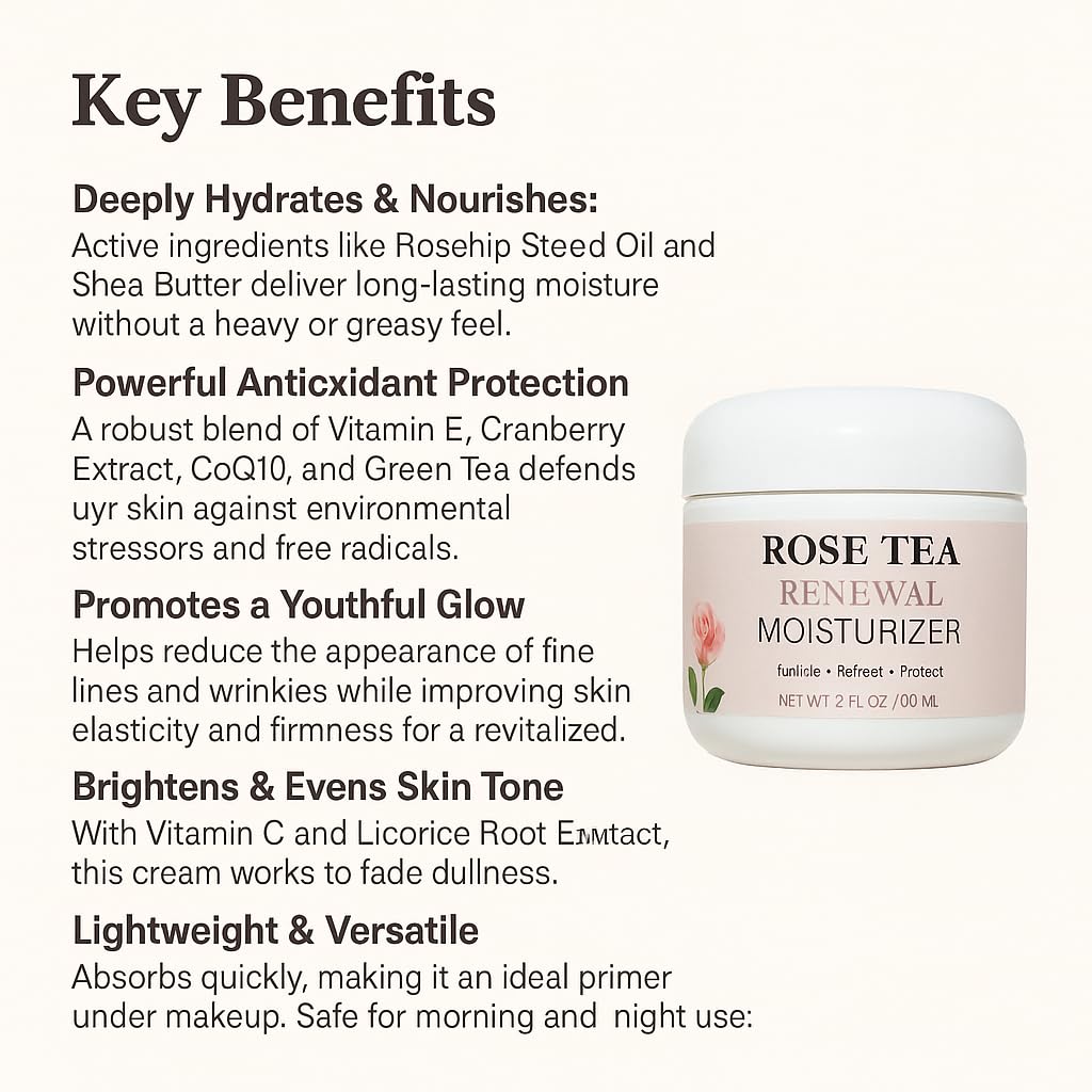 Hope Ridge Naturals Rose Tea Renewal Moisturizer, Antioxidant Daily Face Cream with Green Tea, Rosehip Oil, Vitamin C, CoQ10, Peptides, 2 oz / 60 ml